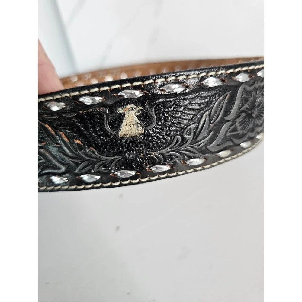 Vintage Black Tooled Leather Western Belt Eagle Floral Silver Laced USA Made 44
